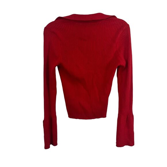 Anthropologie Maeve Polo Bell Sleeve Sweater •M• Long Ribbed Red Holiday Button - Picture 9 of 13
